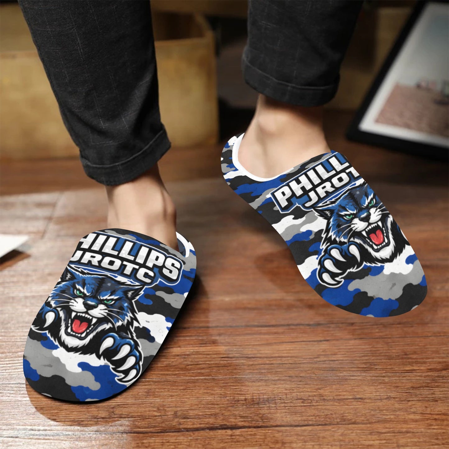 Phillips Wildcats JROTC Blue Camo Slippers - Mens Men's Non-Slip Cotton Slippers