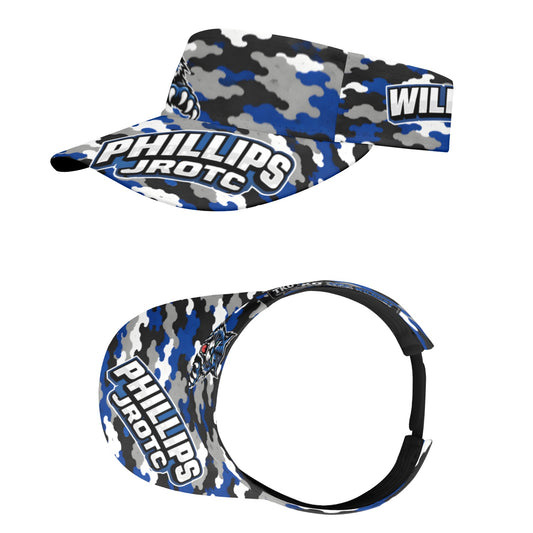 Camouflage visor with 'Phillips JROTC' branding on a white background