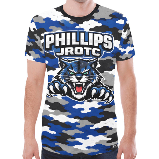 Camouflage t-shirt with 'Phillips JROTC' and wildcat logo on a white background
