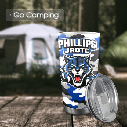 Phillips Wildcats JROTC 20 oz Tumbler | Blue Camo Alumni Travel Cup | Wildcat Territory Drinkware